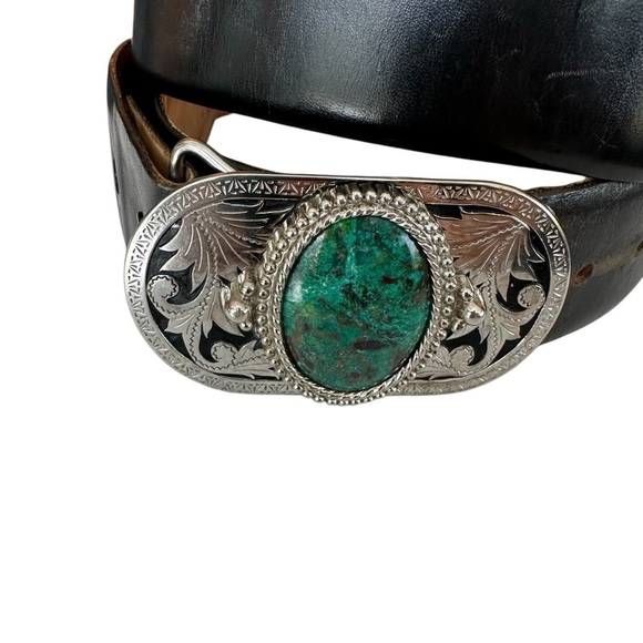 Men's Navajo Turquoise Silver Buckle Aniline Steerhide Black Leather Belt, 42 - Picture 2 of 12